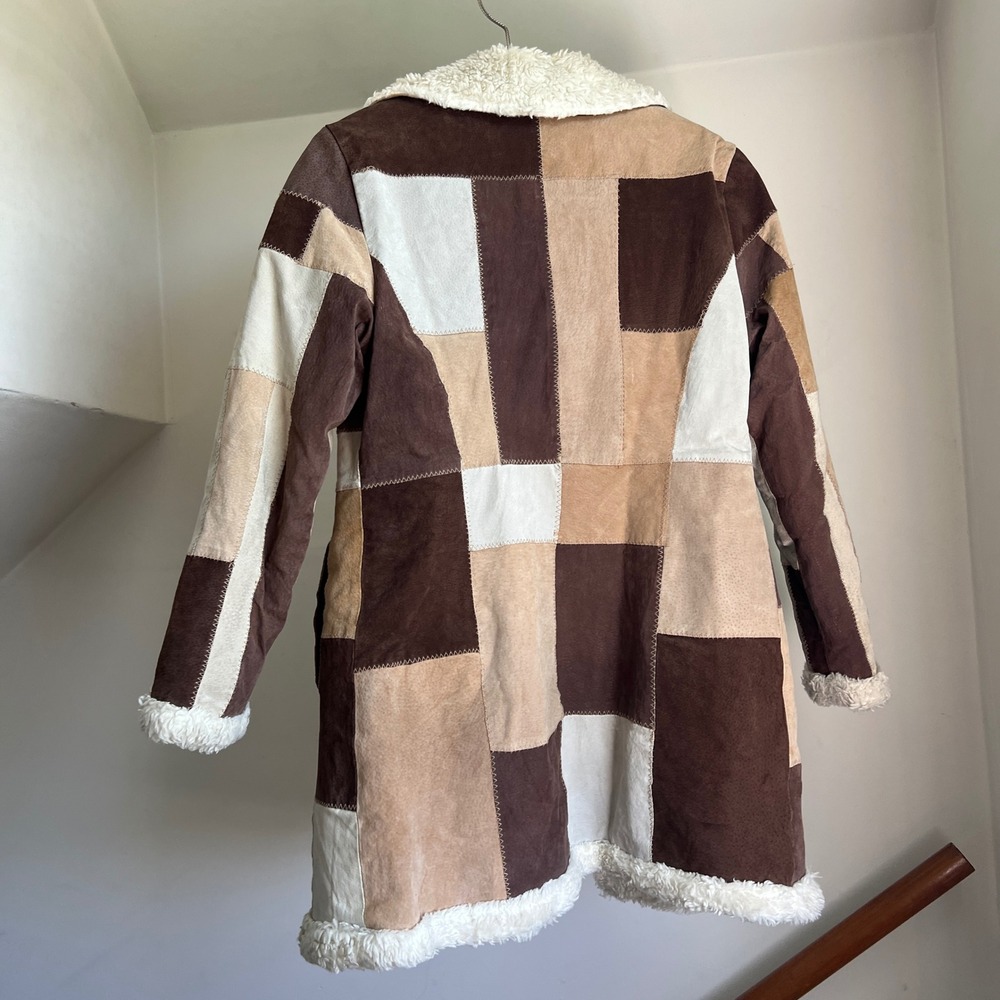 Vintage 90s Patchwork Suede Leather Jacket Trench Coat Brown Boho Penny Lane - Picture 7 of 9